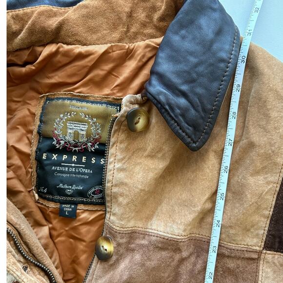 Vintage Express 90s patchwork leather jacket cowprint chore barn western boho - Picture 4 of 11